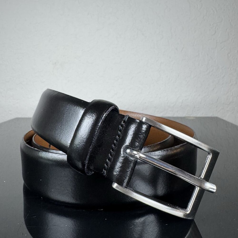 W. Kleinberg Mens Leather Dress Belt Sz 34 Silver Logo Buckle Black Office USA